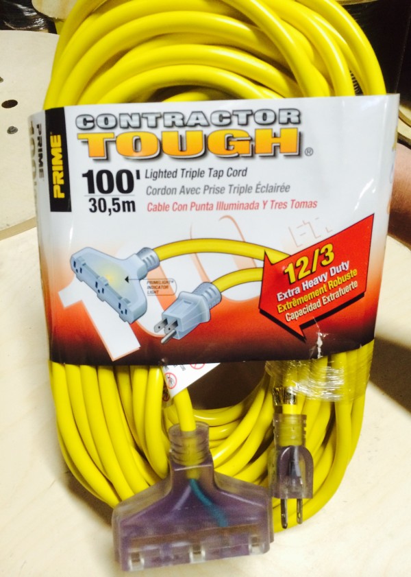 12/3 SJTW 100' Yellow w/ Lighted Triple Tap Extension Cord (UL)